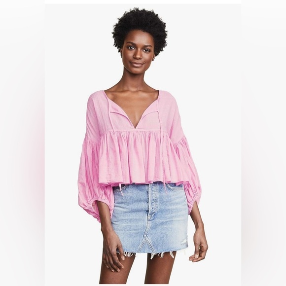 FREE PEOPLE Beaumont mews cropped peasant top 
Beaumont Mews Blouse Pink - Picture 1 of 10